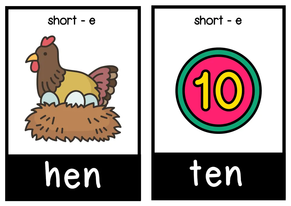 Short-e flashcards for hen and ten: students read each CVC word and match it to a hen on a nest and the number 10