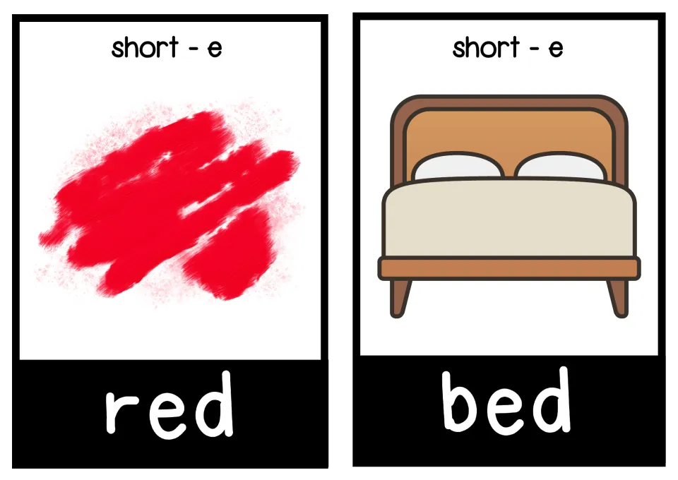 Short-e flashcards for red and bed: students read each CVC word and match it to a red paint swipe and a bed