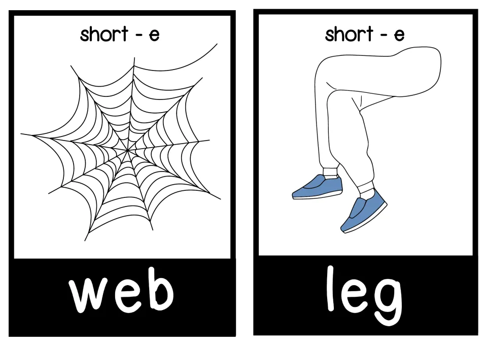 Short-e flashcards for web and leg: students read each CVC word and match it to a spider web and a leg in sneakers