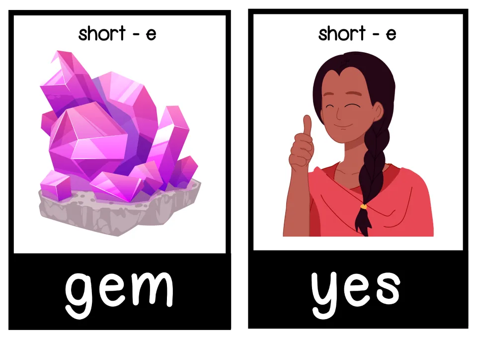Short-e flashcards for gem and yes: students read each CVC word and match it to a pink gem and a person giving a thumbs up