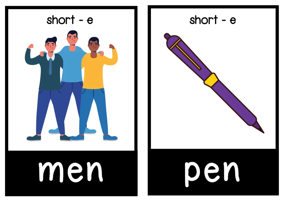 Short-e flashcards for men and pen: students read each CVC word and match it to three men standing together and a pen