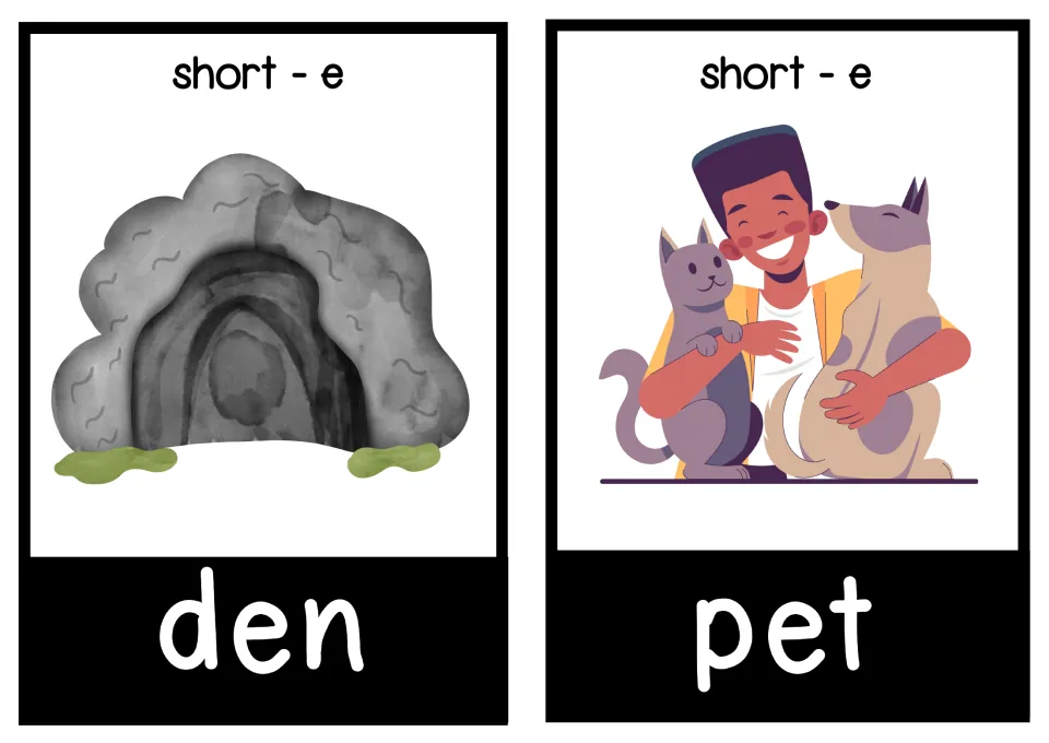 Short-e flashcards for den and pet: students read each CVC word and match it to a cave den and a boy hugging a cat and dog
