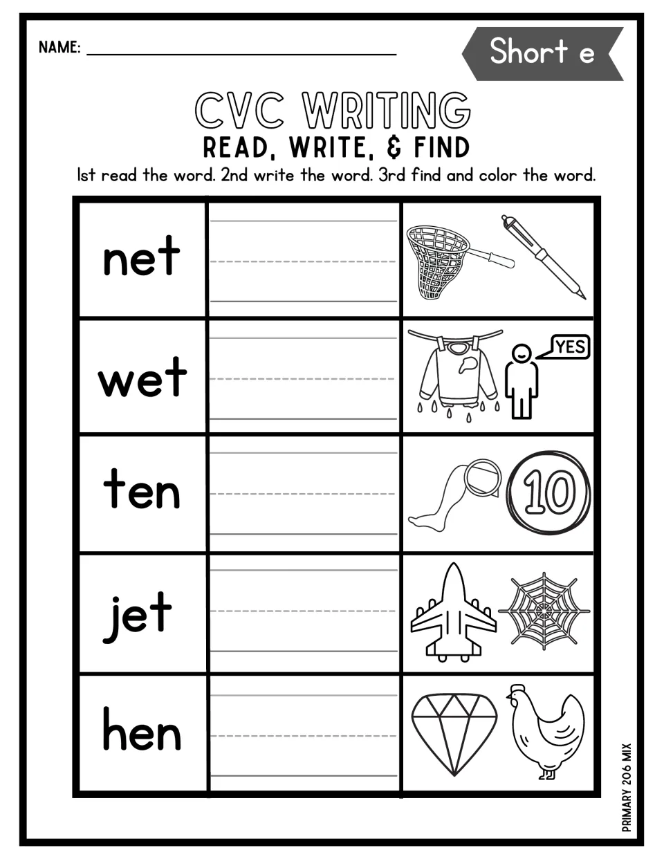 Short e CVC writing: students read net, wet, ten, jet and hen, write each word, then find and color its picture