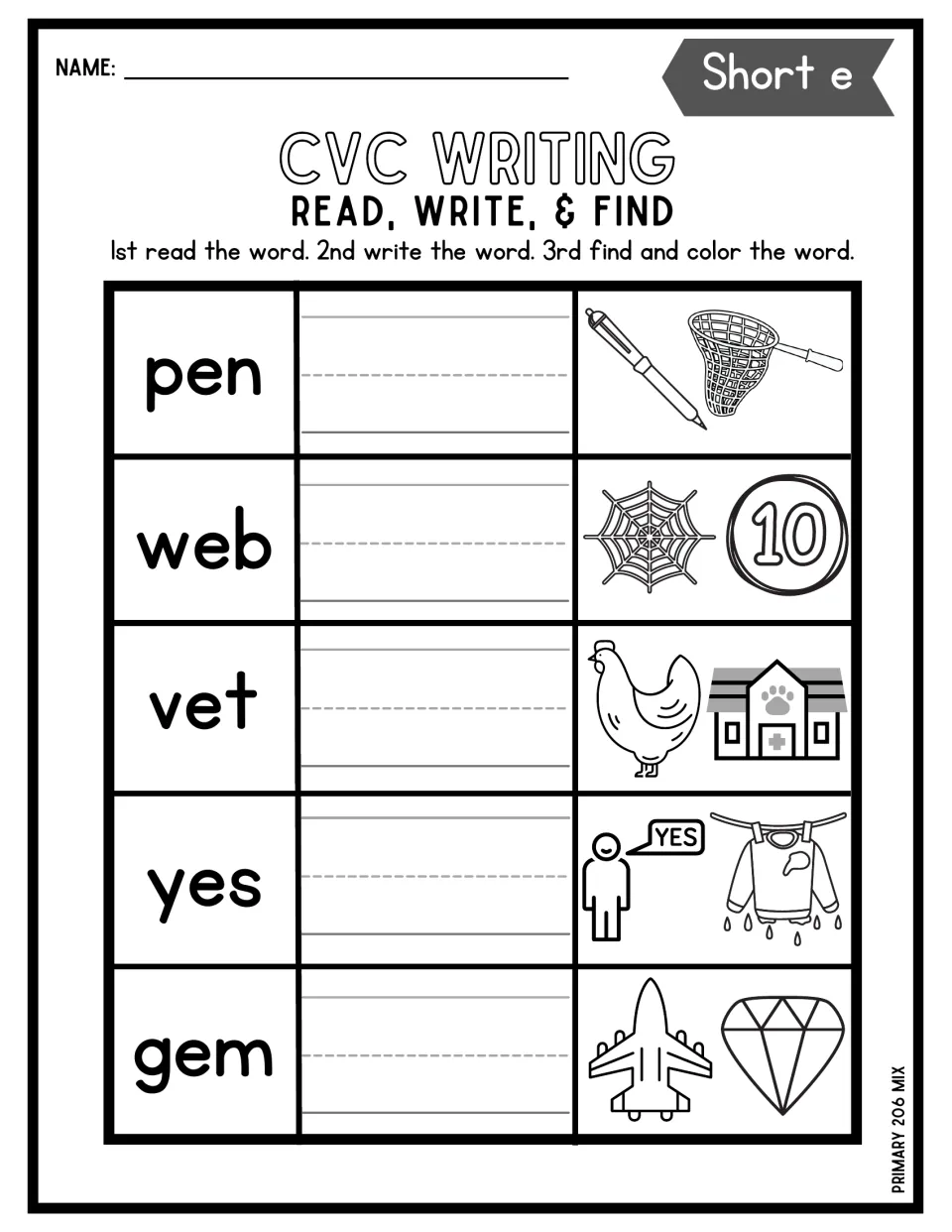 Short e word writing: students read pen, web, vet, yes and gem, copy each word and color the one picture that matches