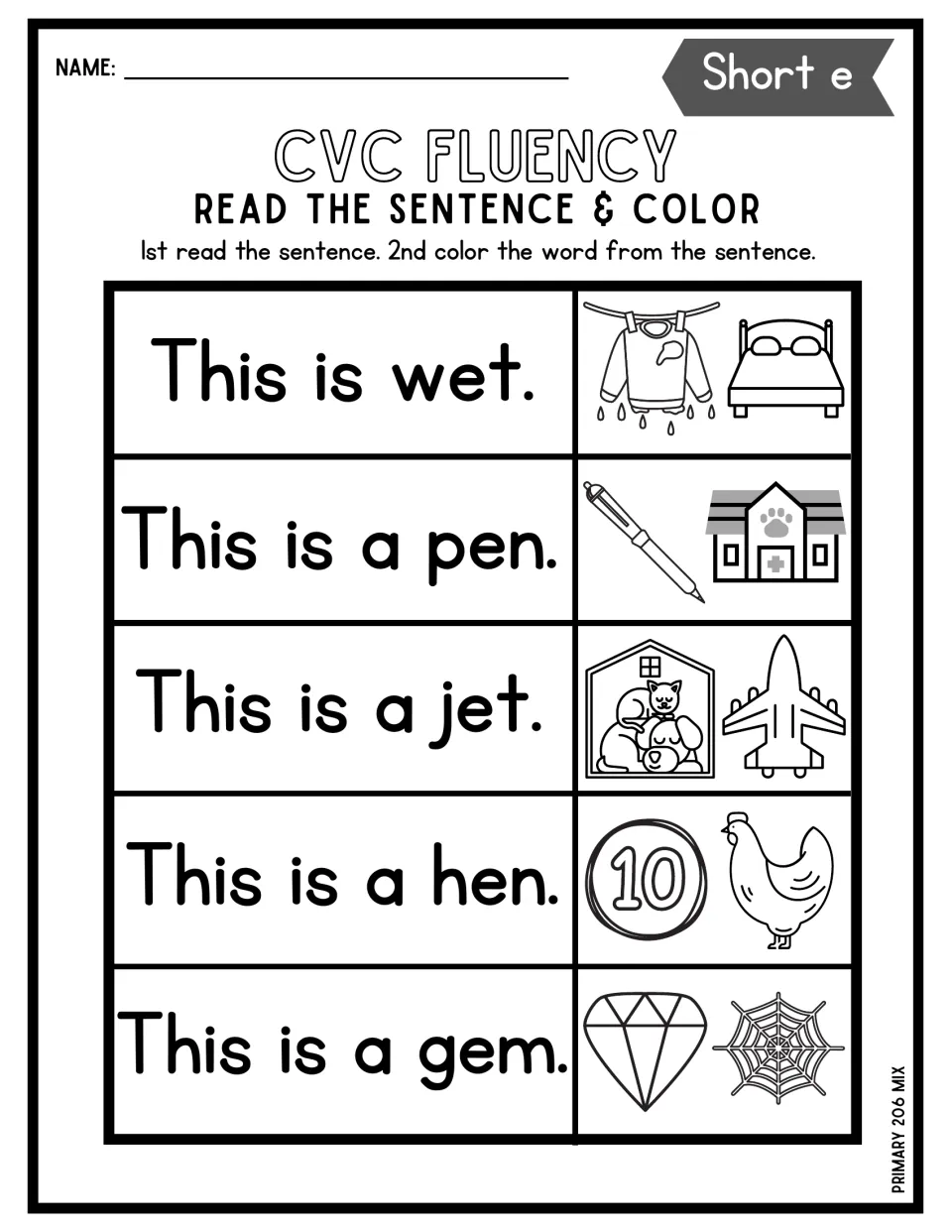 Short e reading sentences: students read This is wet, a pen, a jet, a hen and a gem, and color the picture that fits each