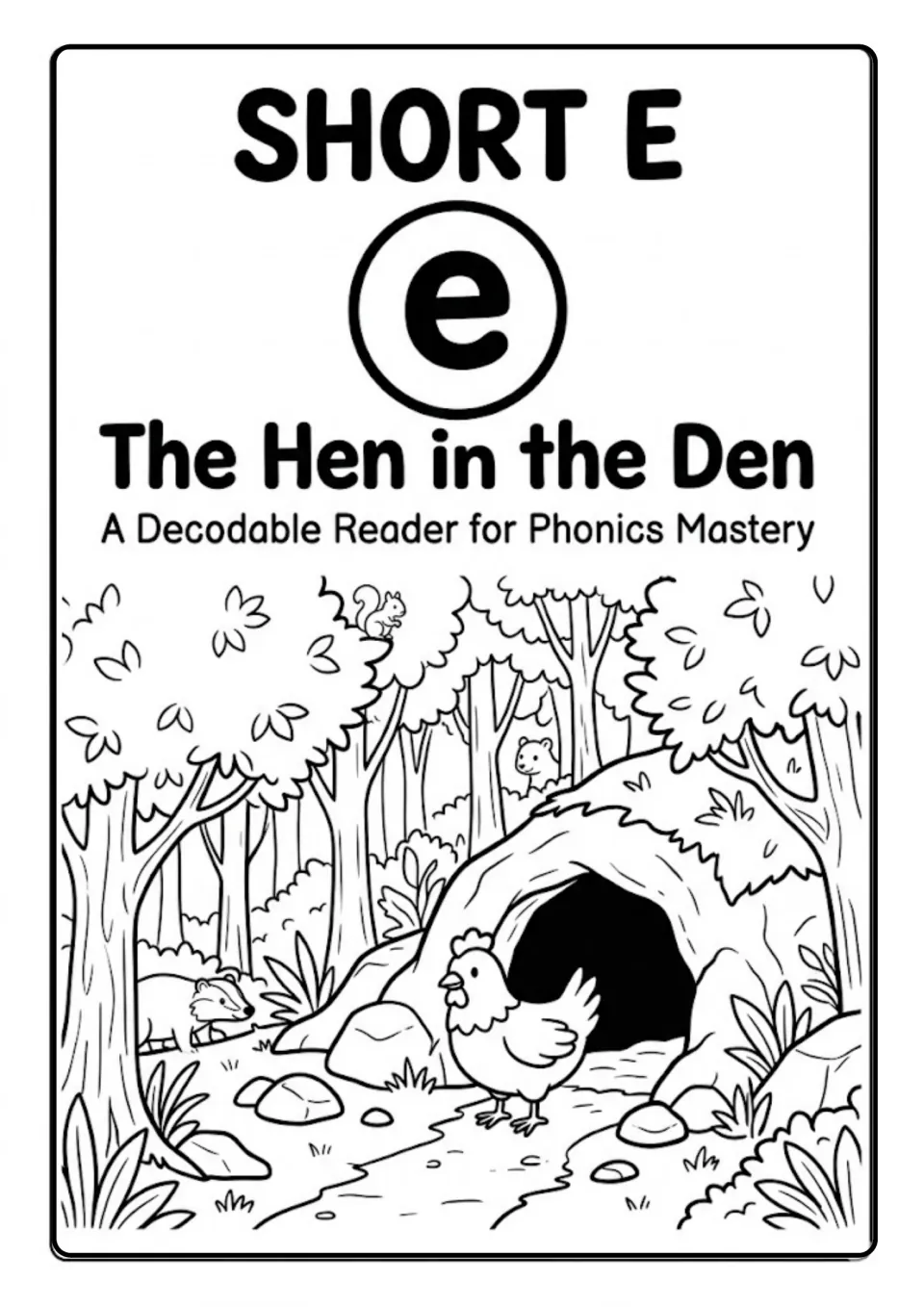 Short E cover for The Hen in the Den, a decodable reader, with a large letter e and a hen by a den in a forest scene