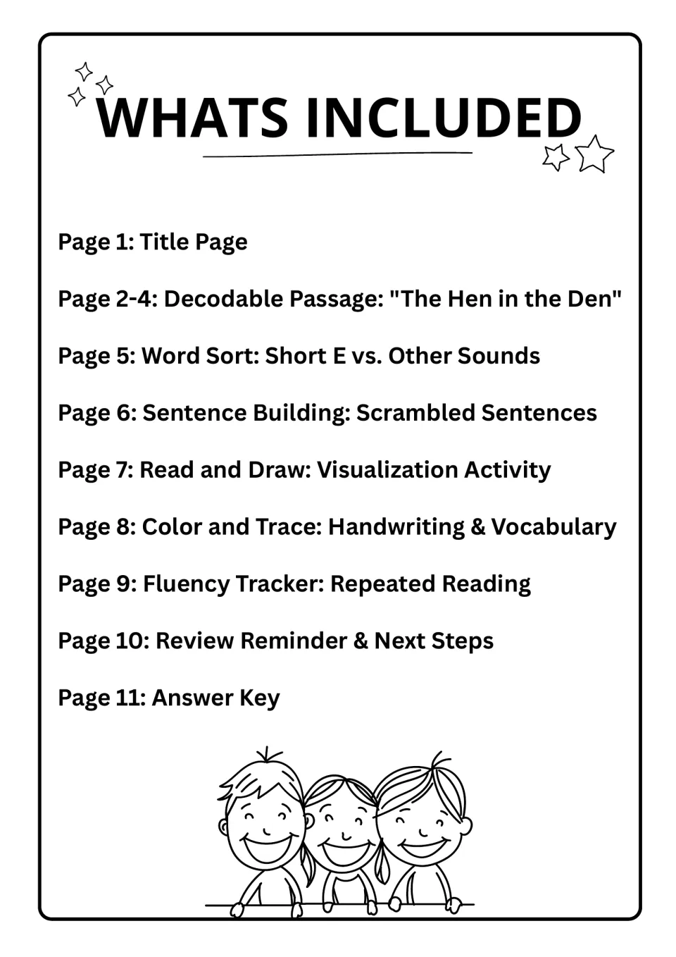 Contents list: decodable passage, word sort, scrambled sentences, read and draw, tracing, fluency tracker and answer key