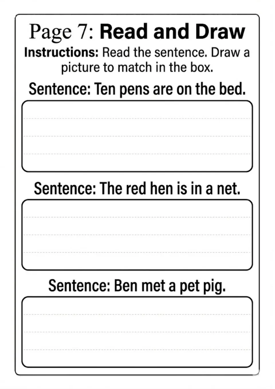 Read and draw: students read three short e sentences, such as Ten pens are on the bed, and draw a picture to match each one