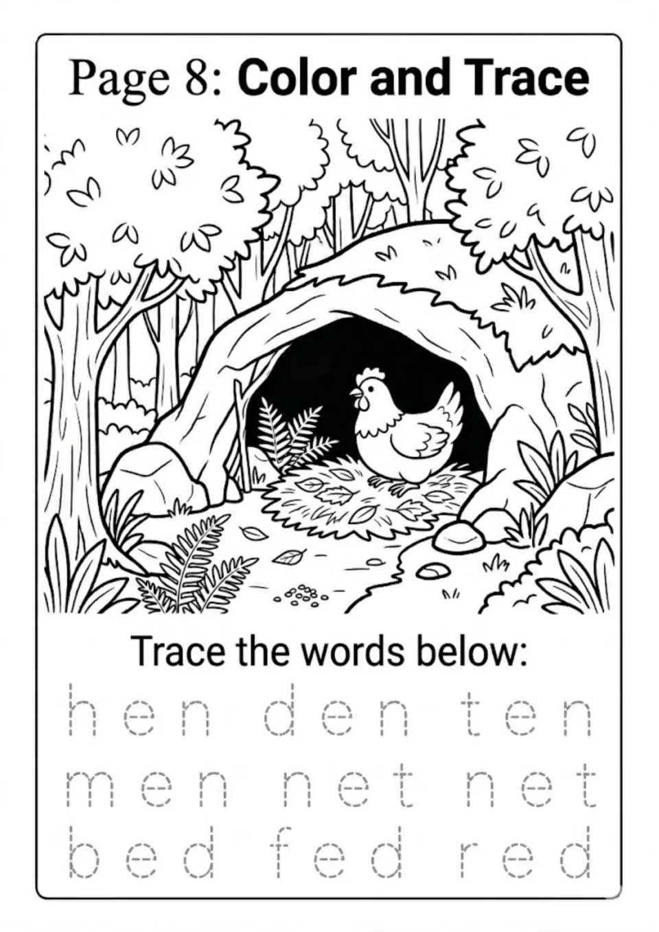 Color and trace: students color a hen in a den and trace short e words like hen, den, ten, men, net, bed, fed and red