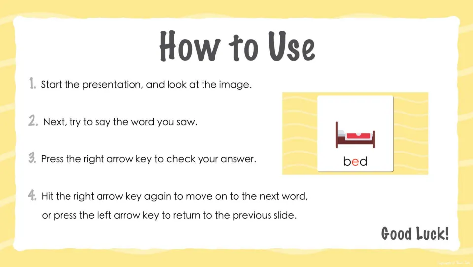 How to Use steps: students look at the image, say the word, then press the right arrow key to check, shown with a bed card