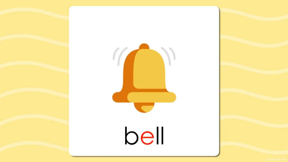 Short e flash card reveal: the bell picture labeled bell with a red e, letting students confirm the word and its vowel