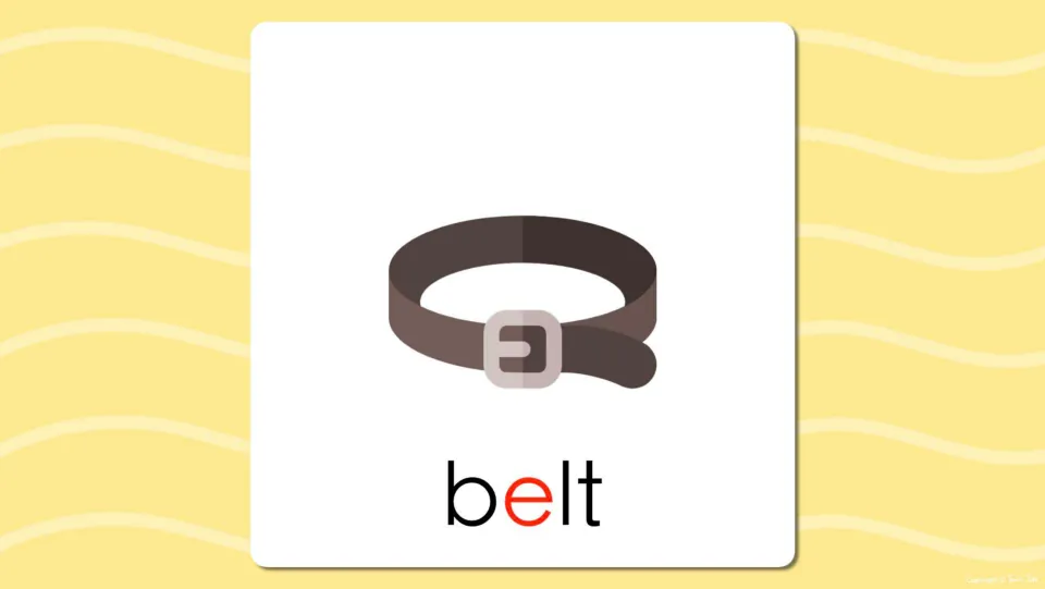 Short e flash card reveal: the belt picture labeled belt, its e in red, so students check their answer and hear the vowel