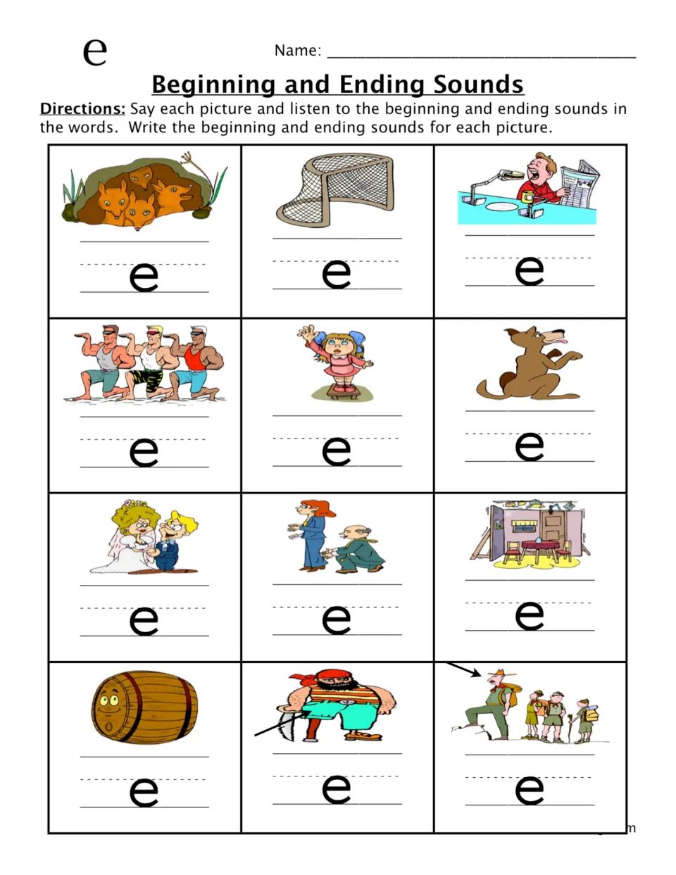 Beginning and Ending Sounds: students say 12 pictures and write the first and last letter around a given short e