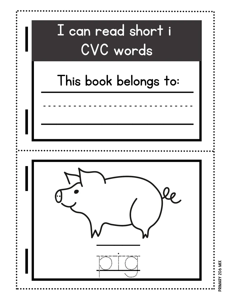 Cover of the I can read short i CVC words mini-book with a name line and a pig picture above the word pig to trace