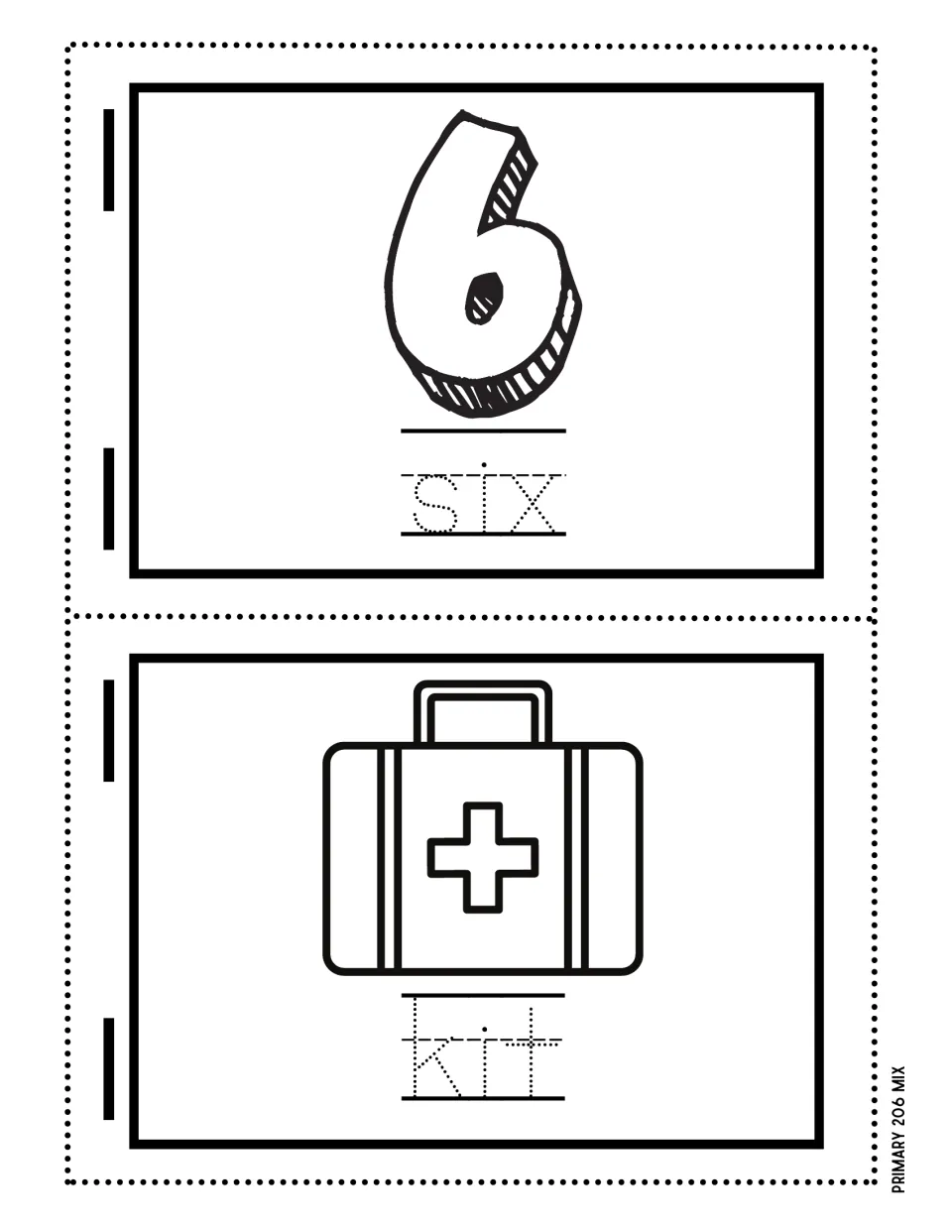 Short i words six and kit: students trace the dotted word below a number 6 and a first aid kit to practise reading CVC words
