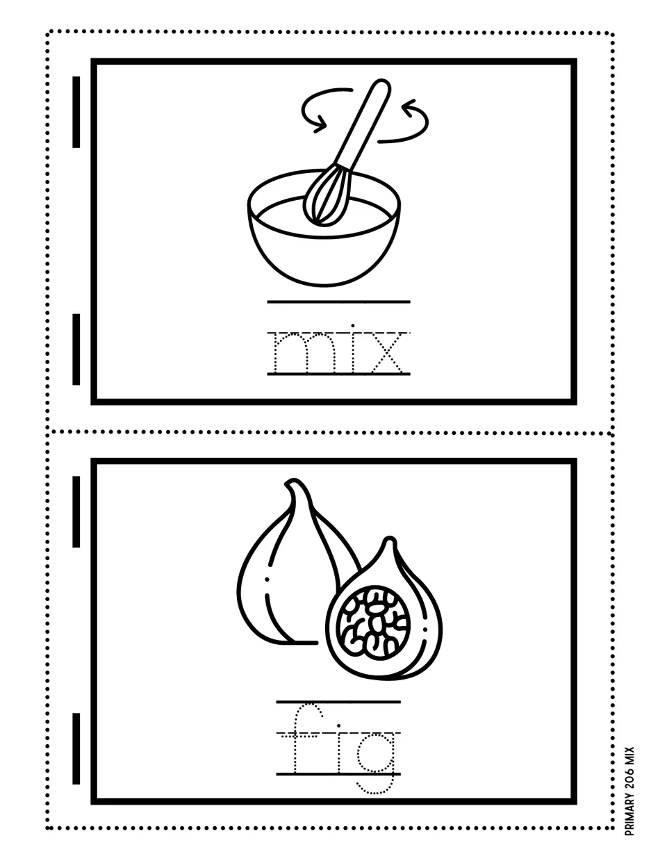 Short i words mix and fig: a whisk stirring a bowl and a whole and cut fig, each with the dotted word for students to trace