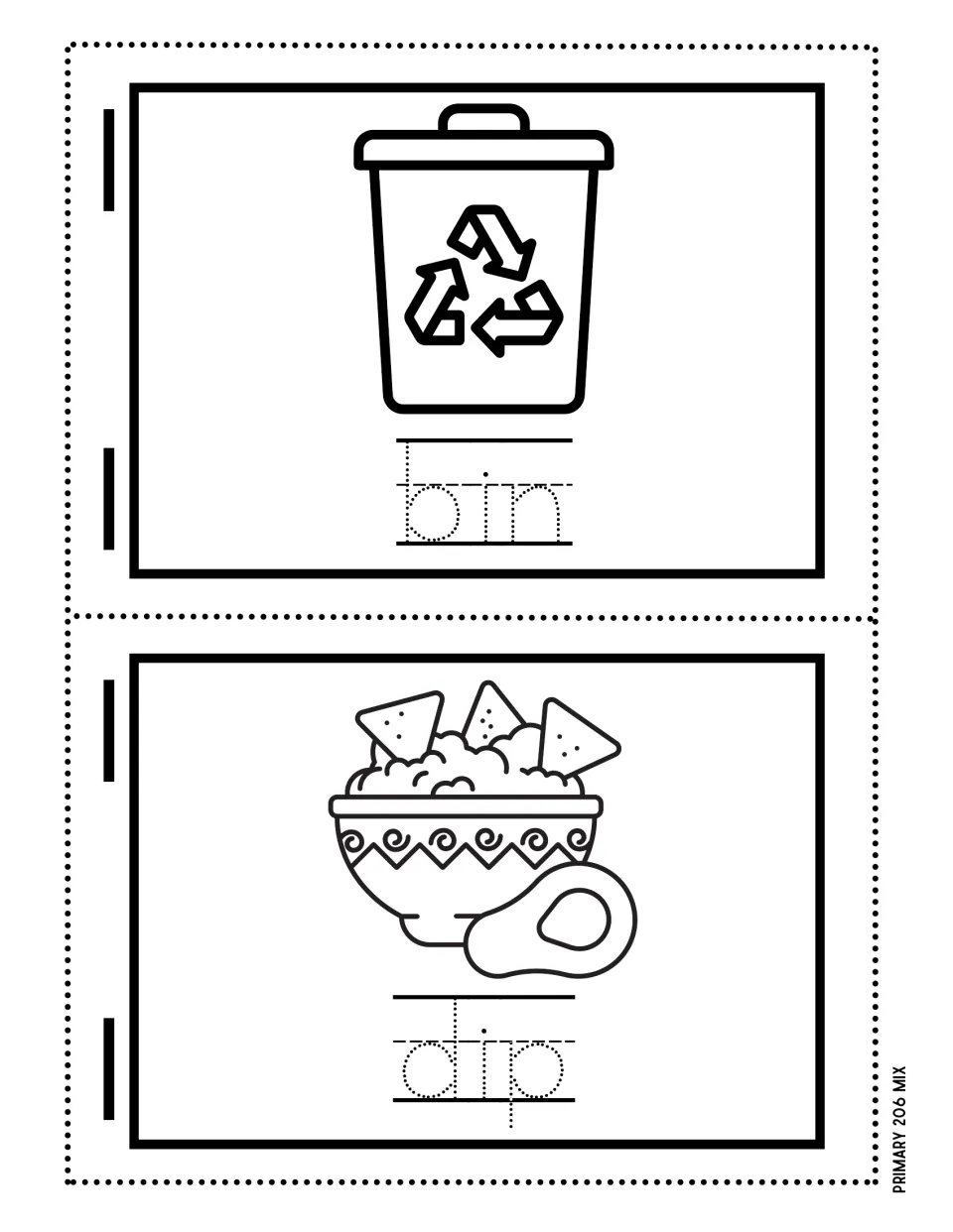 Short i words bin and dip: a recycling bin and a bowl of dip with chips and avocado, each above a dotted word to trace