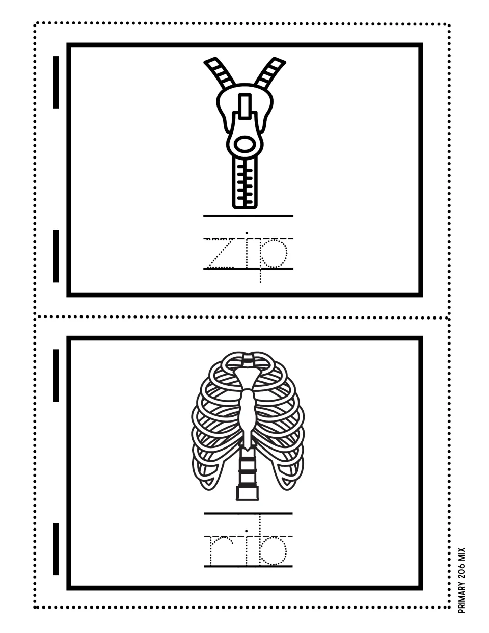 Short i words zip and rib: students trace the dotted word under a zipper and under a rib cage, reading each CVC word