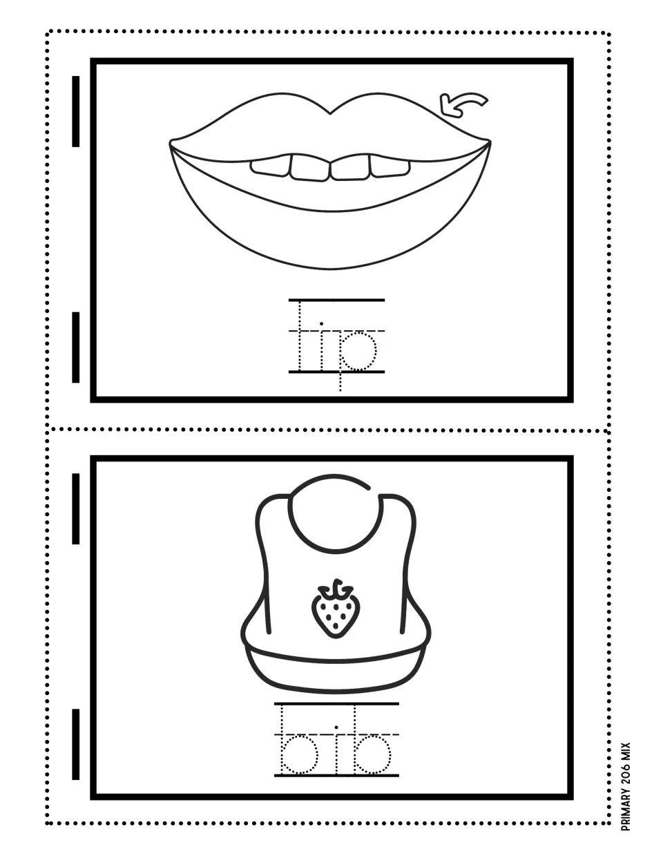 Short i words lip and bib: smiling lips and a baby bib with a strawberry, each above a dotted word for students to trace