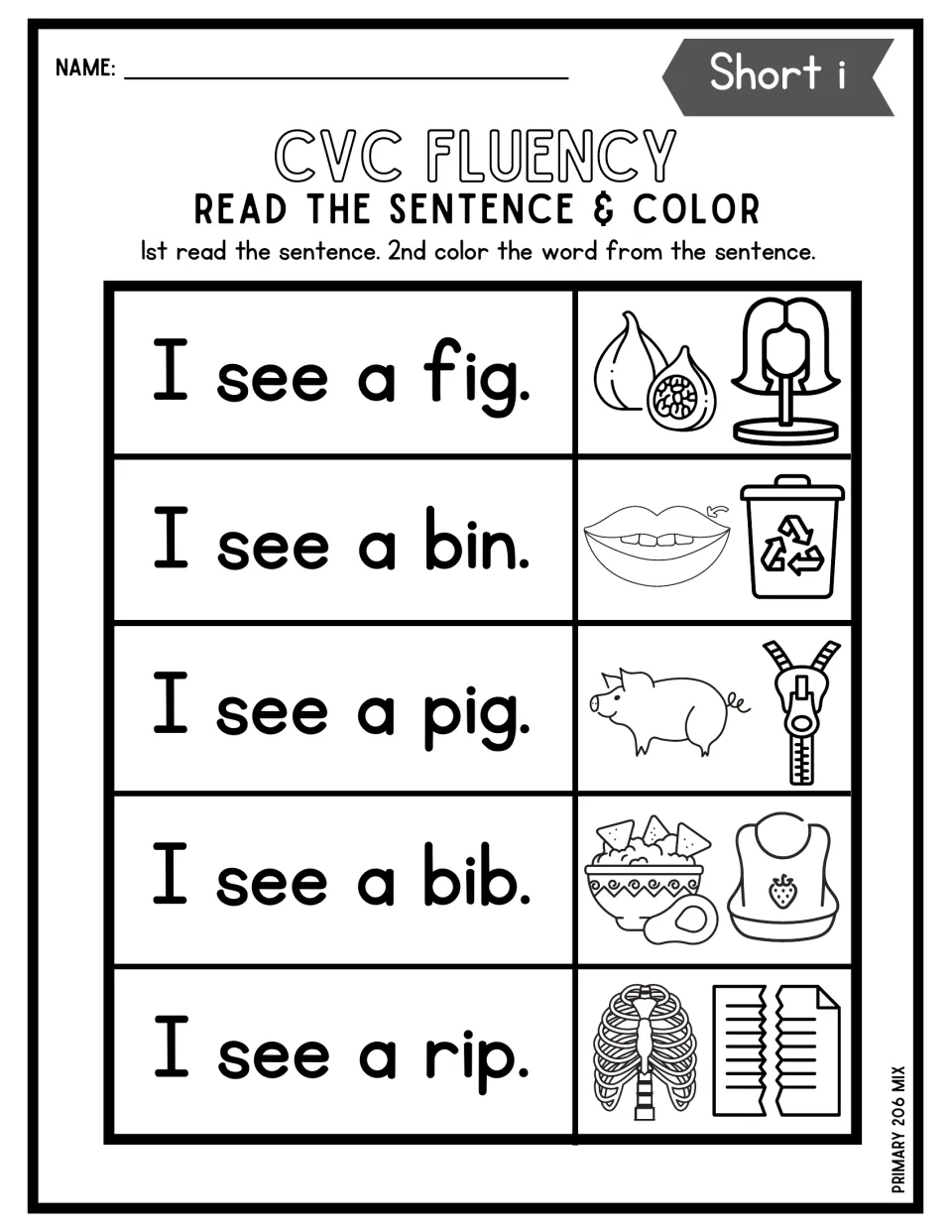 Short i CVC fluency: students read I see a fig, bin, pig, bib and rip sentences and color the picture named in each one