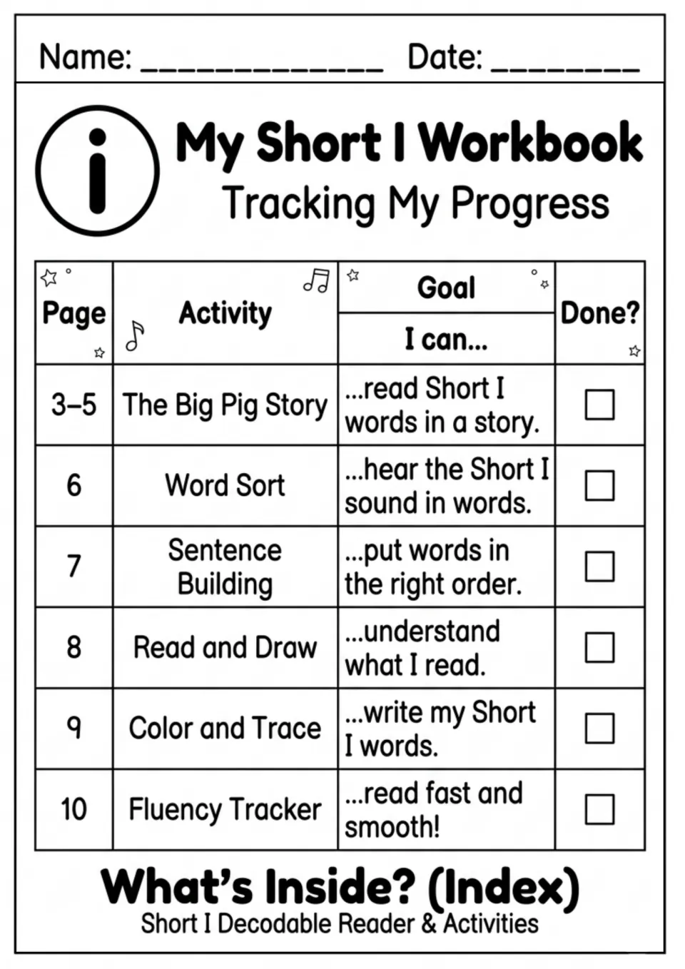 My Short I Workbook progress index: students check off each activity, from the Big Pig story to the fluency tracker