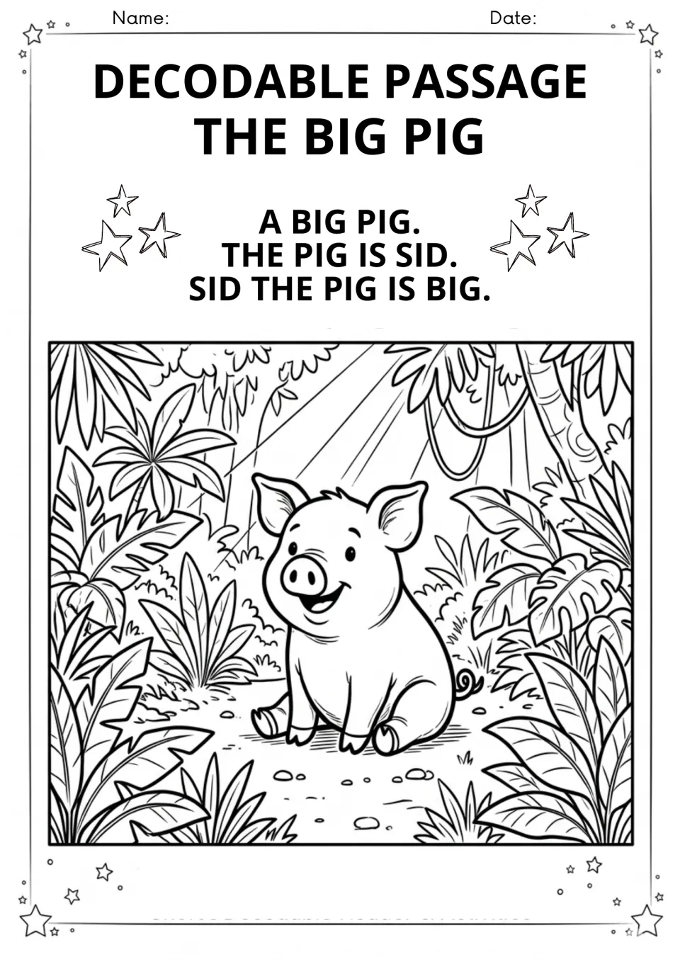 Decodable passage The Big Pig, part 1: students read short i sentences about Sid the pig, shown sitting in a jungle