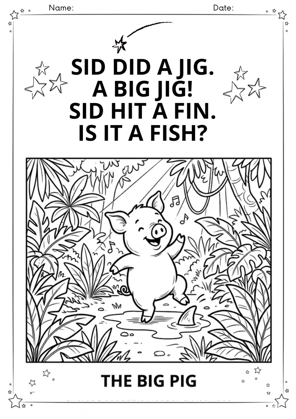 The Big Pig story continues: students decode short i lines as Sid does a jig and hits a fin in a jungle puddle