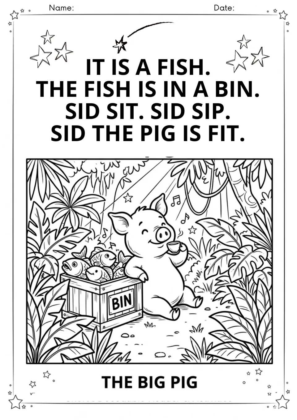Third Big Pig story page: students read short i sentences about a fish in a bin as Sid sits, sips and is fit