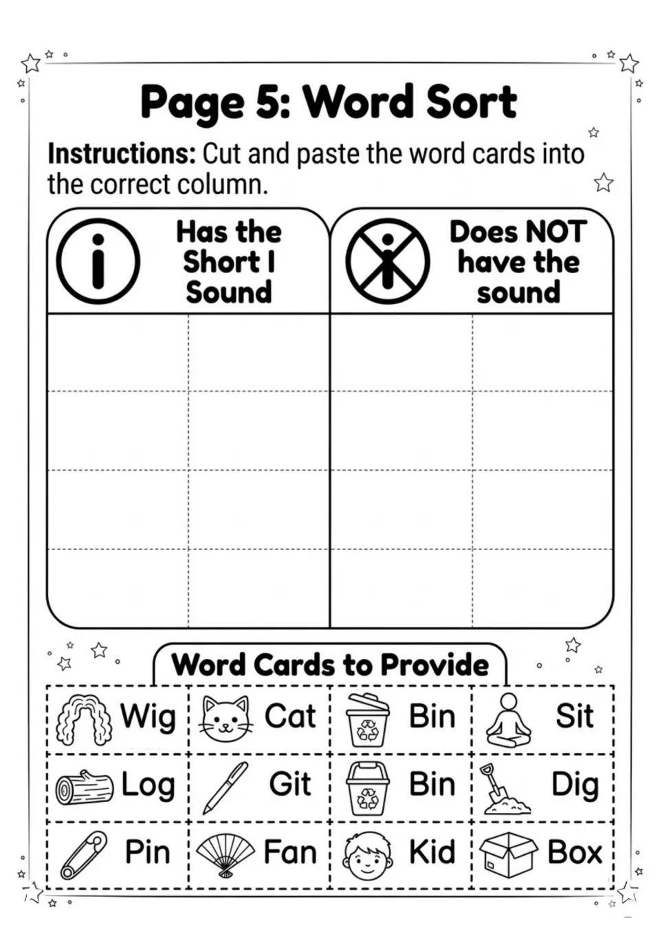 Short i word sort: students cut out 12 picture word cards like wig, cat, dig and box and glue each by short i sound