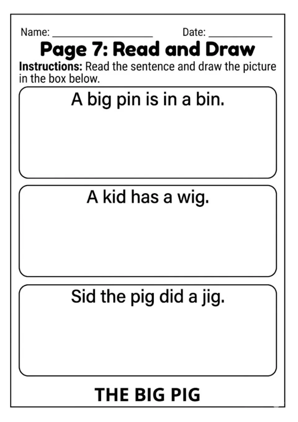 Read and draw comprehension: students read three short i sentences, such as A kid has a wig, and illustrate each one