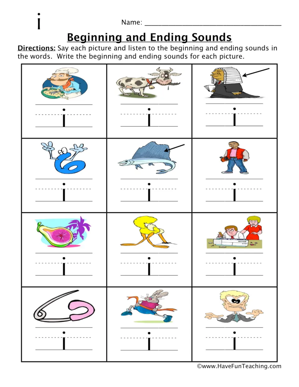 Short i practice: write beginning and ending letters for 12 picture words, including mix, bit, and wig.