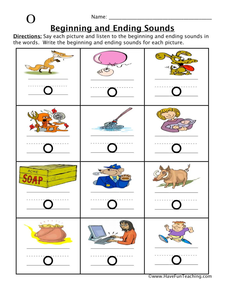 Short o sound practice: fill in beginning and ending letters for 12 pictures, including fox, pop, and dog.