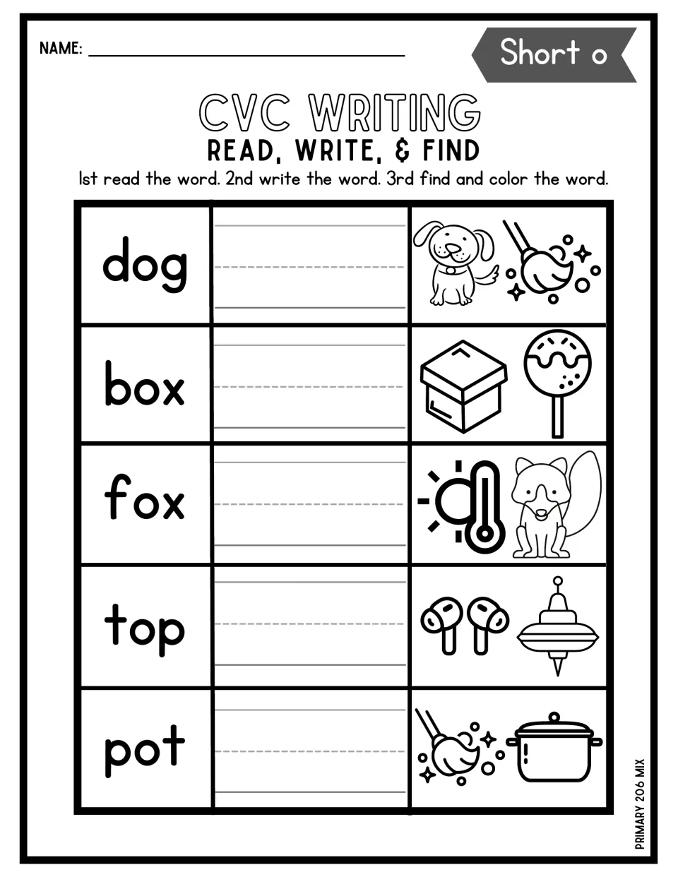 Short o CVC writing: students read and write dog, box, fox, top and pot, then color the matching picture in each pair