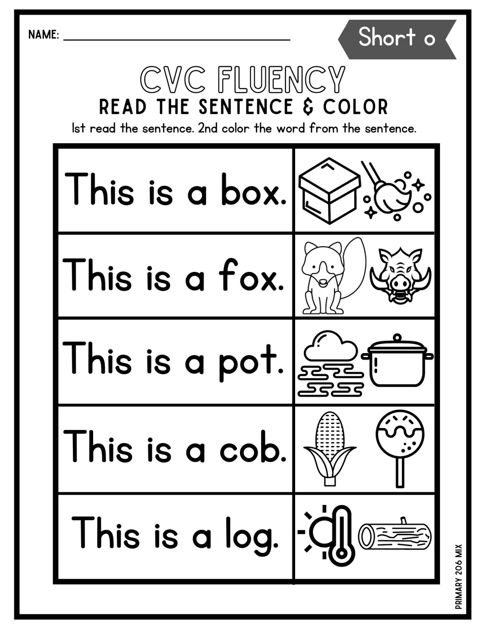 Short o fluency sentences: students read This is a box, fox, pot, cob and log and color the matching picture beside each