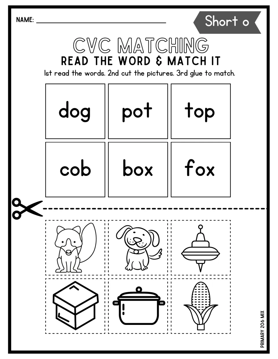 Short o word matching: students cut out pictures of a fox, dog, top, box, pot and corn cob and glue each on its word