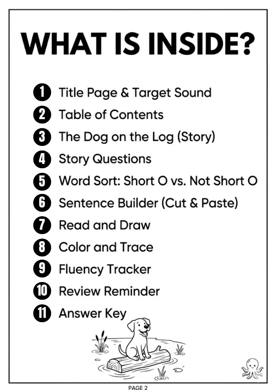 Table of contents listing 11 sections: story, story questions, word sort, sentence builder, read and draw, answer key