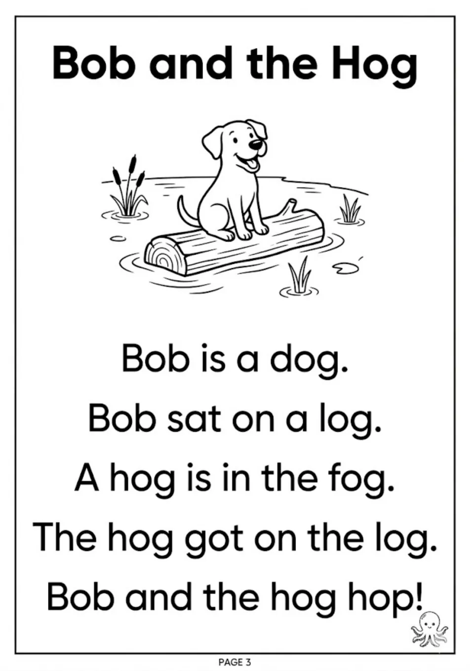 Short o decodable story Bob and the Hog: students read five sentences about Bob the dog on a log and a hog in the fog