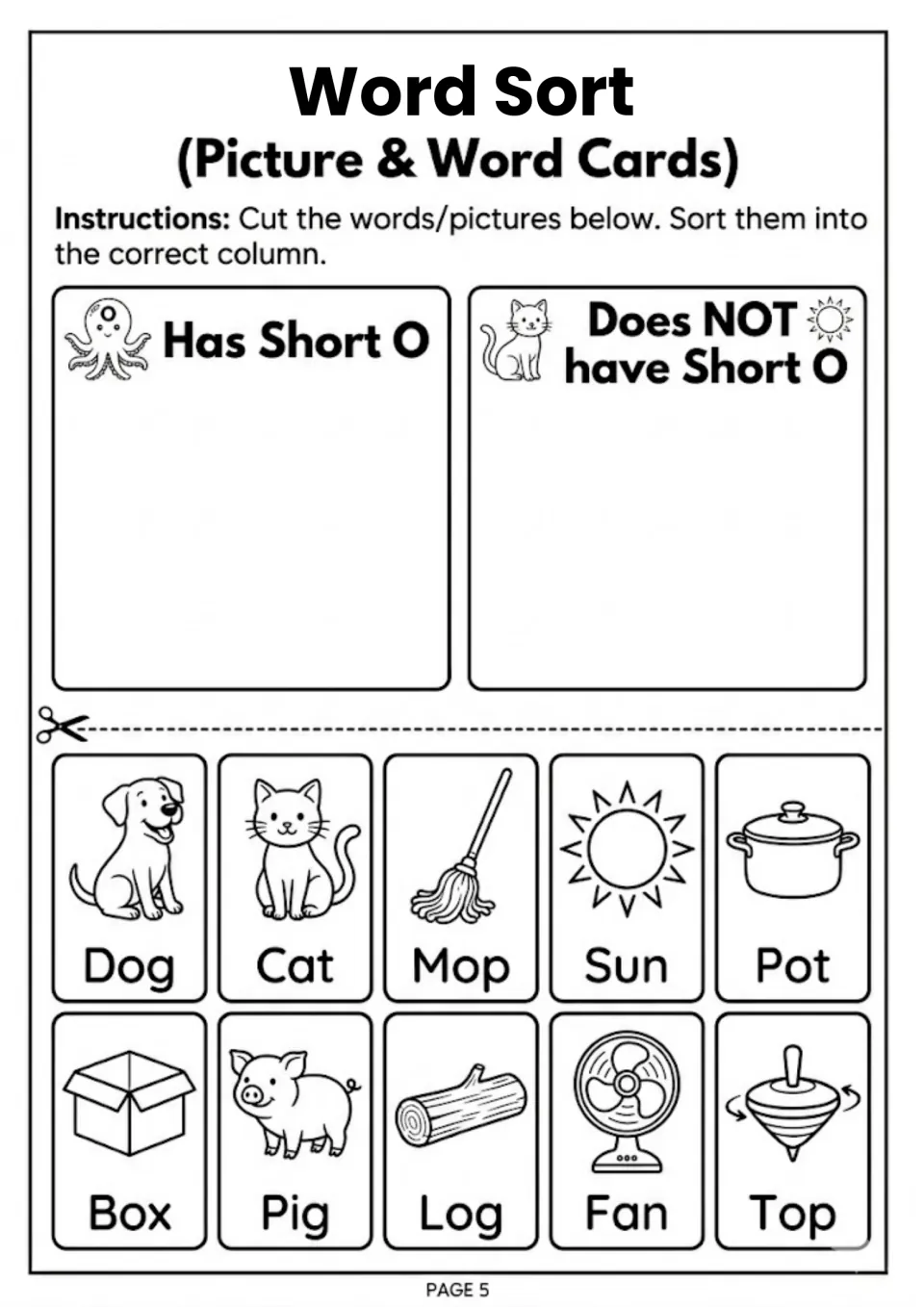 Short o word sort: students cut out 10 picture cards such as dog, cat, mop and sun, then sort by short o or not
