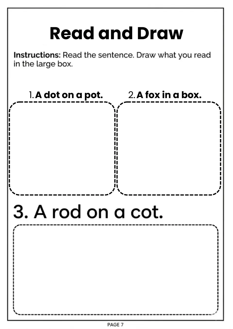 Read and draw: students read A dot on a pot, A fox in a box and A rod on a cot, then draw a picture of each sentence