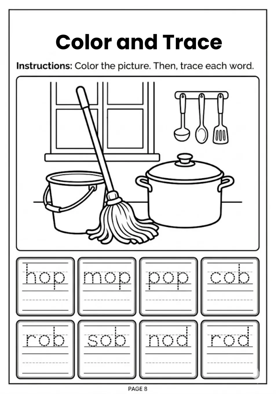 Color and trace: students color a kitchen scene with a mop and pot, then trace eight short o words like hop, cob and nod