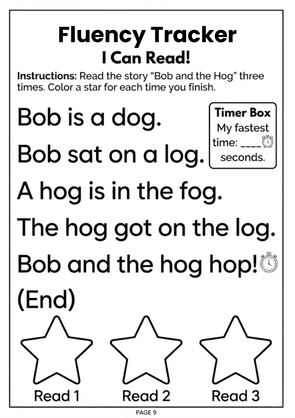 Fluency tracker: students reread Bob and the Hog three times, color a star after each read and record their fastest time
