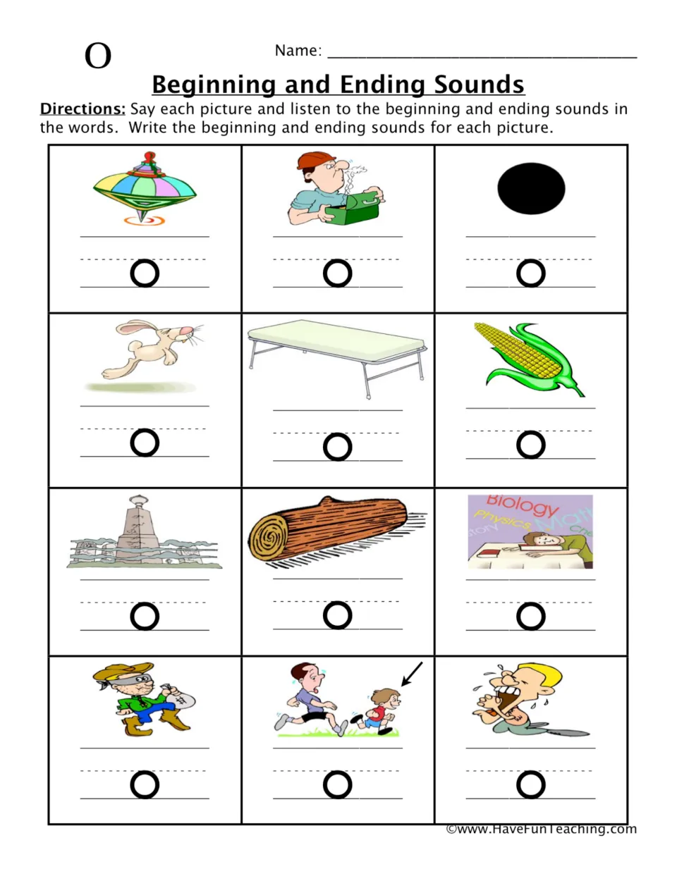Beginning and ending sounds practice: 12 pictures for words including top, rot, dot, and hop, with o given.
