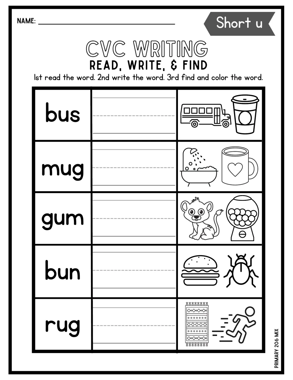 Short u CVC writing: students read bus, mug, gum, bun and rug, write each word, then color the matching picture of two