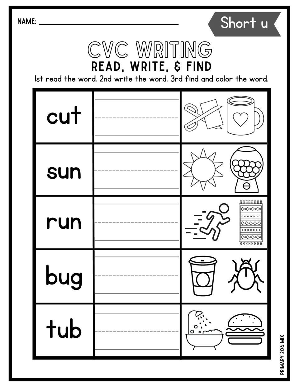 Short u CVC writing: students read cut, sun, run, bug and tub, write each word and color the picture that matches it