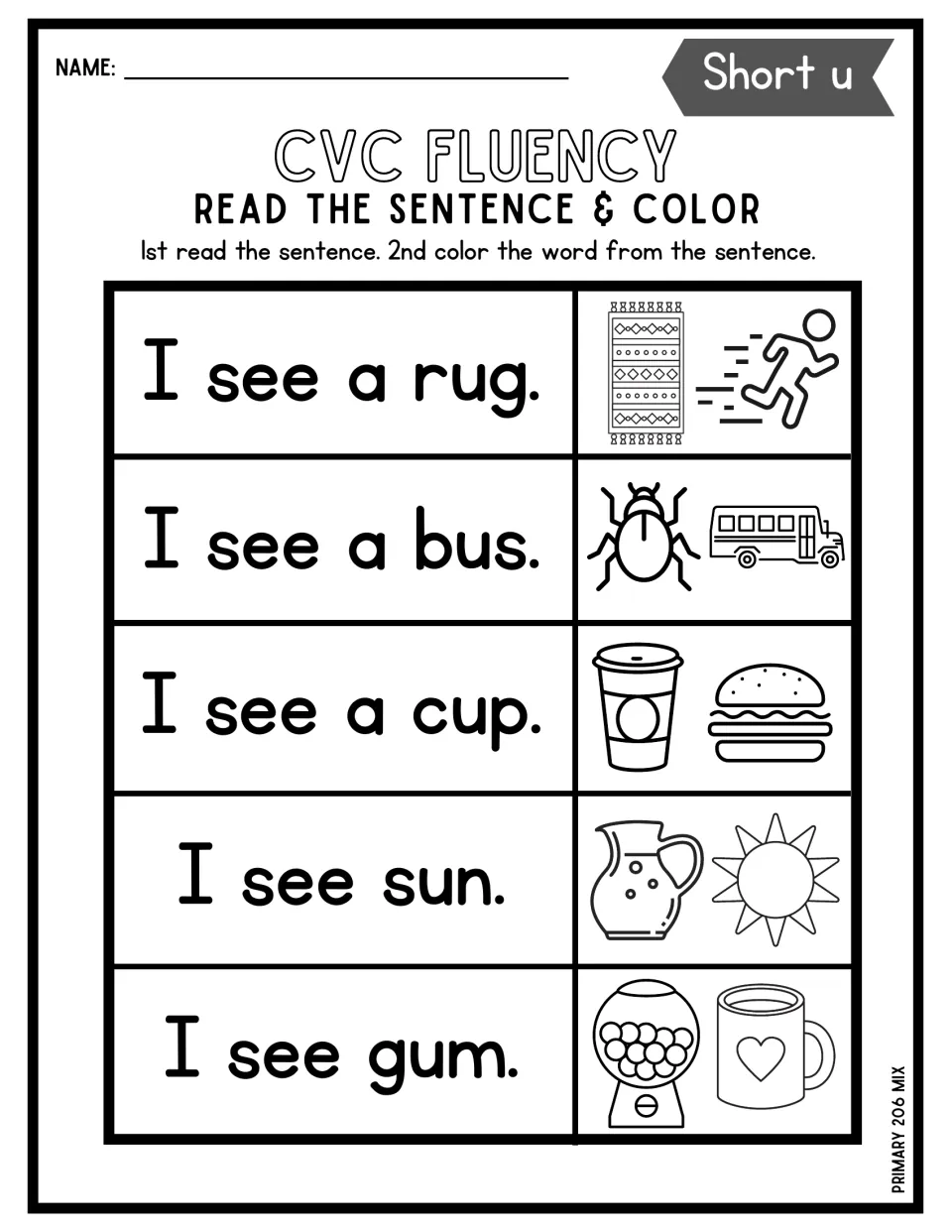 Short u sentence fluency: students read I see a rug, bus, cup, sun and gum, then color the picture named in each sentence