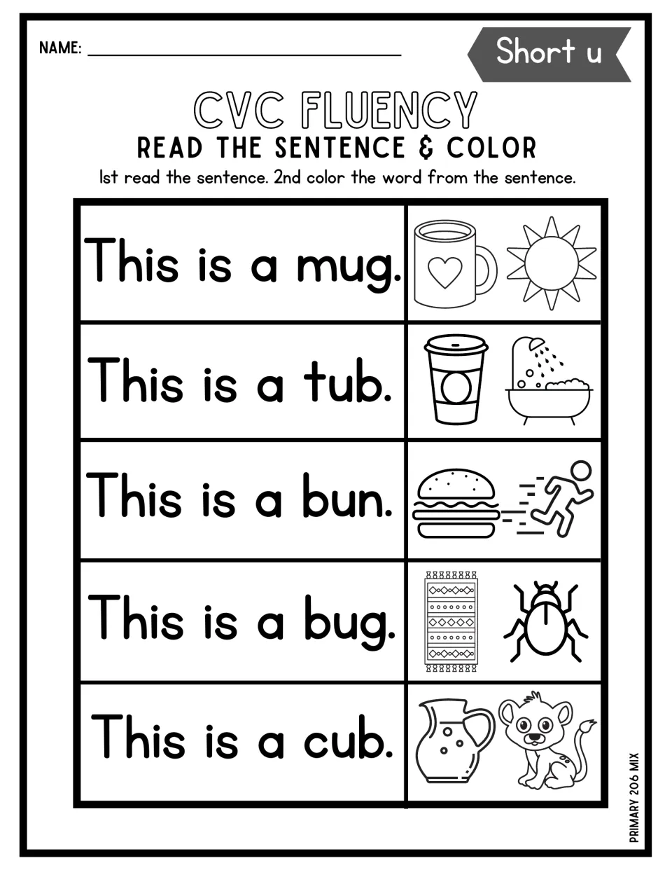 Short u fluency: students read This is a mug, tub, bun, bug and cub, then color the matching picture beside each sentence