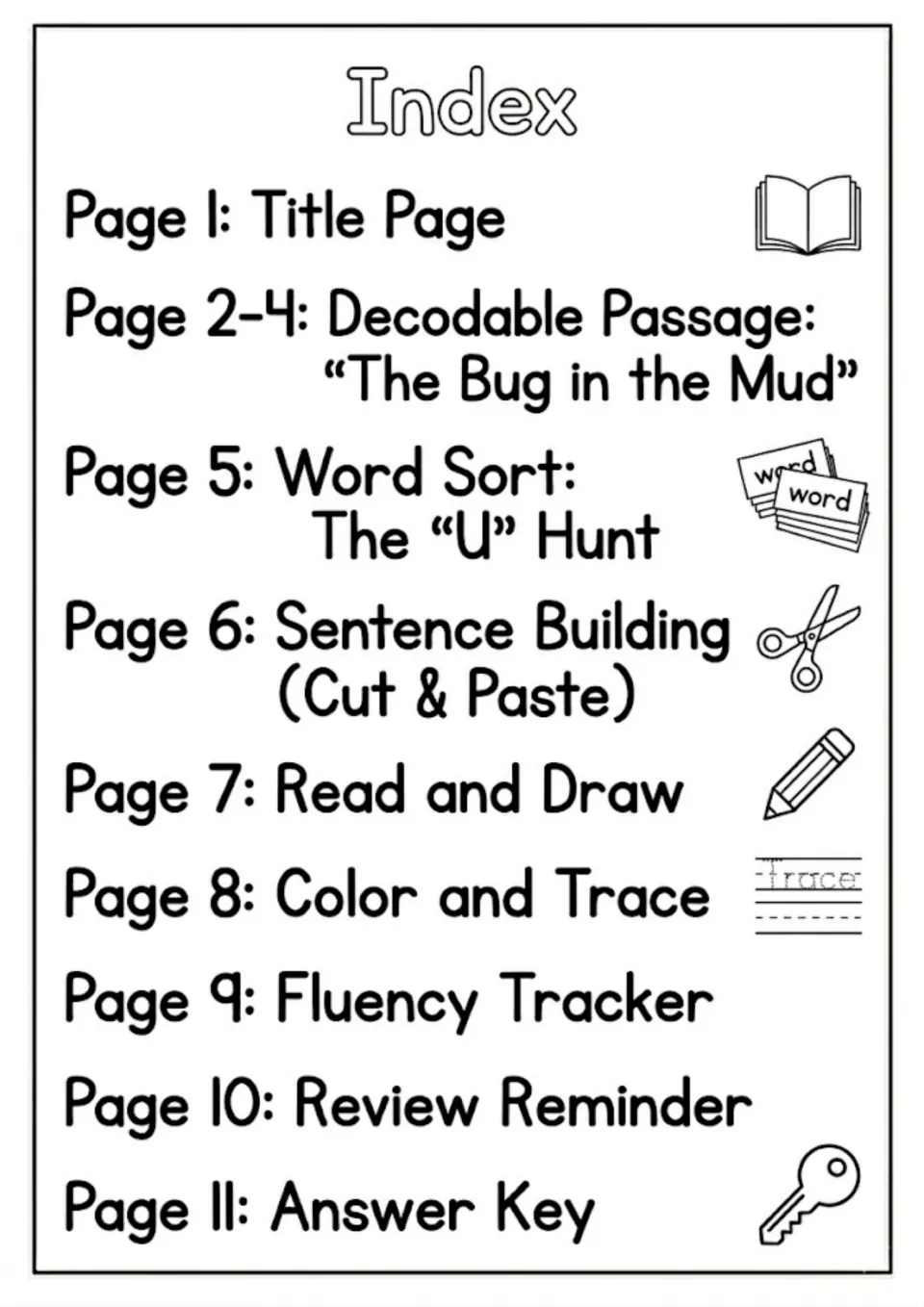 Index of booklet pages: decodable passage, word sort, sentence building, read and draw, fluency tracker