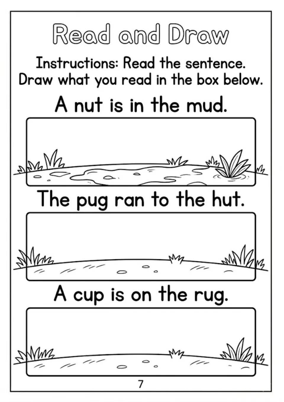Read and draw: students read 3 short u sentences, such as 'A nut is in the mud.', and draw a picture to show each one