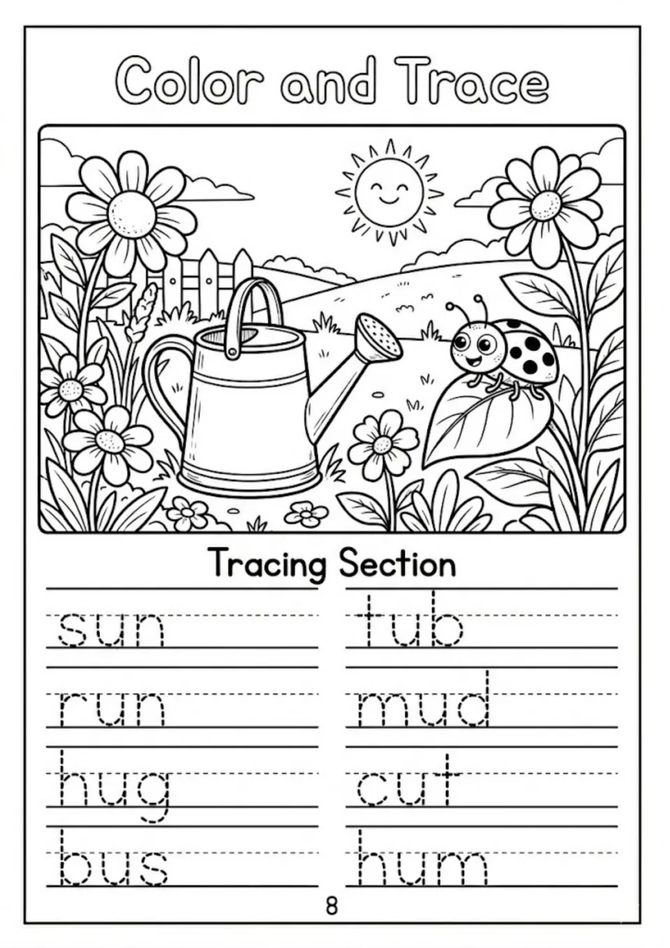Color and trace: students color a ladybug garden scene, then trace 8 short u words like sun, mud and hum