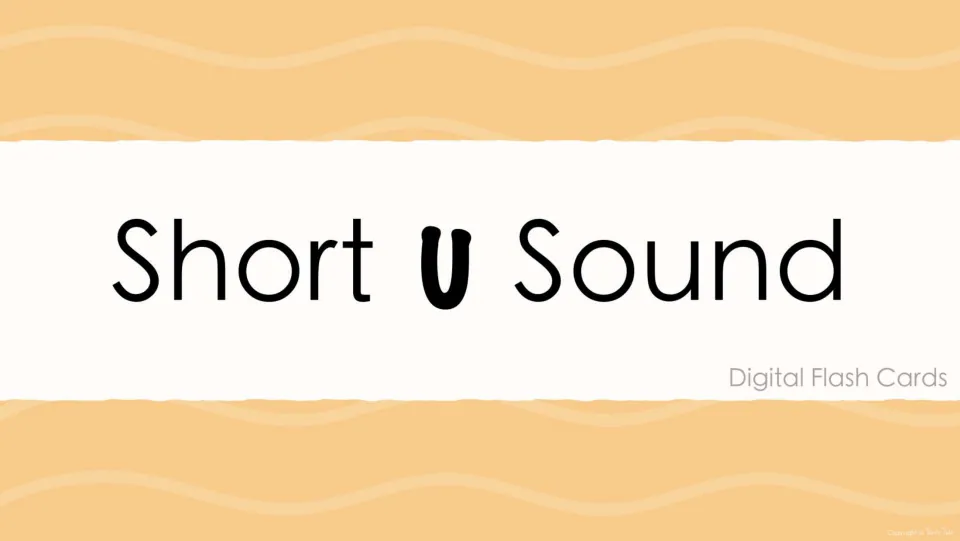 Digital flashcard cover labeled “Short U Sound,” introducing the short vowel picture-and-word practice